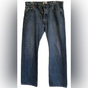 Vintage Levis 501 Button Fly Distressed Blue Jeans Mens 35x30 Straight Leg Denim